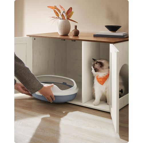 Maison De Toilettes Pour Chat, Meuble Litière Chat, 80 X 53 X 50 Cm, Marron Miel Et Blanc Rustique