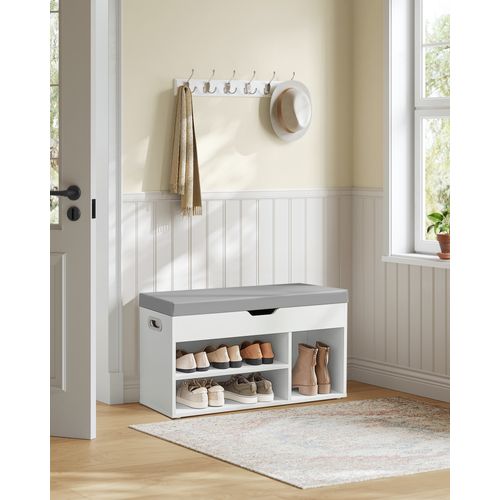 Banc à Chaussures Rembourré, 3 Compartiments, Rangement Caché, Blanc Nuage Et Gris Tourterelle