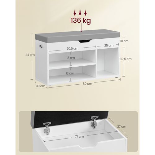 Banc à Chaussures Rembourré, 3 Compartiments, Rangement Caché, Blanc Nuage Et Gris Tourterelle