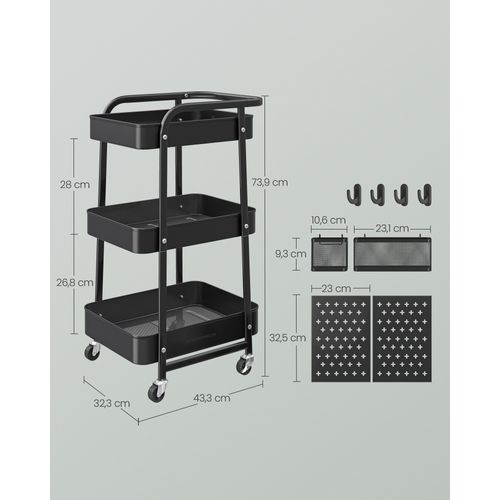 Chariot De Rangement, 3 Plateaux En Maille Métallique, 2 Panneaux Perforés Amovibles, Noir D’encre
