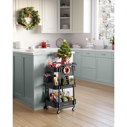 Chariot De Rangement, 3 Plateaux En Maille Métallique, 2 Panneaux Perforés Amovibles, Noir D’encre