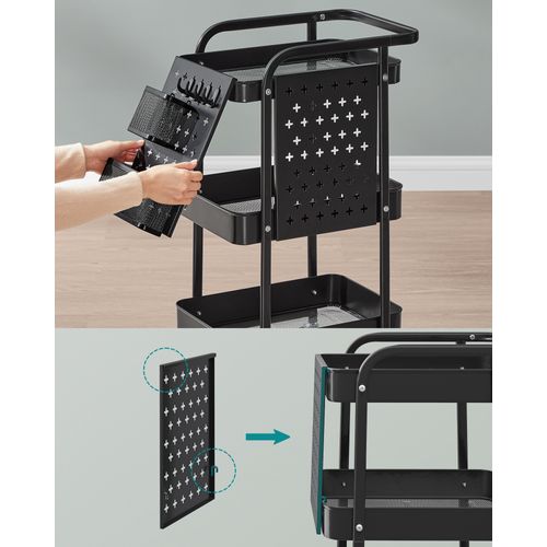 Chariot De Rangement, 3 Plateaux En Maille Métallique, 2 Panneaux Perforés Amovibles, Noir D’encre