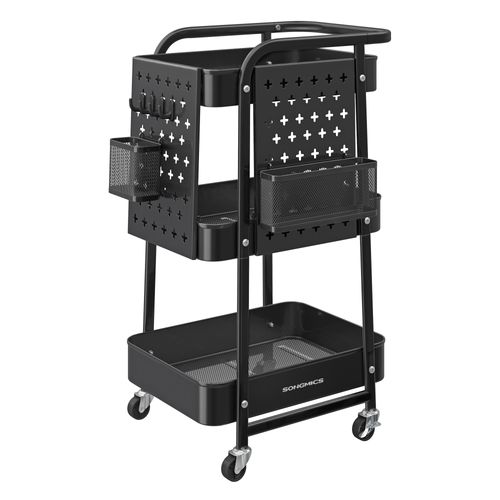 Chariot De Rangement, 3 Plateaux En Maille Métallique, 2 Panneaux Perforés Amovibles, Noir D’encre