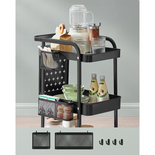 Chariot De Rangement, 3 Plateaux En Maille Métallique, 2 Panneaux Perforés Amovibles, Noir D’encre