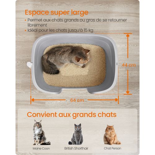 Bac à Litière, Avec Paroi Latérale, Avec Un Tapis De Litière, Boîte De Rangement, Pelle, Gris