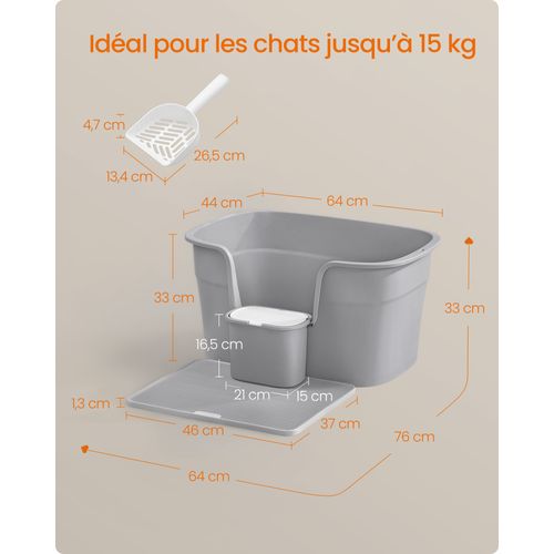 Bac à Litière, Avec Paroi Latérale, Avec Un Tapis De Litière, Boîte De Rangement, Pelle, Gris