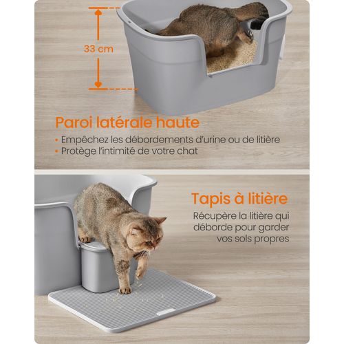 Bac à Litière, Avec Paroi Latérale, Avec Un Tapis De Litière, Boîte De Rangement, Pelle, Gris