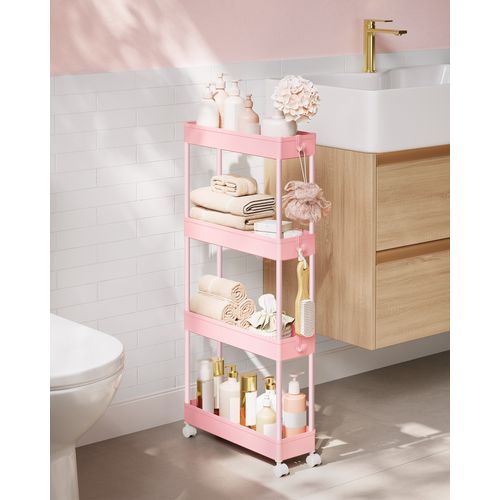 Chariot De Cuisine à 4 Niveaux, Avec 6 Crochets, Structure En Acier, 14,4 X 42 X 86 Cm, Rose Bonbon