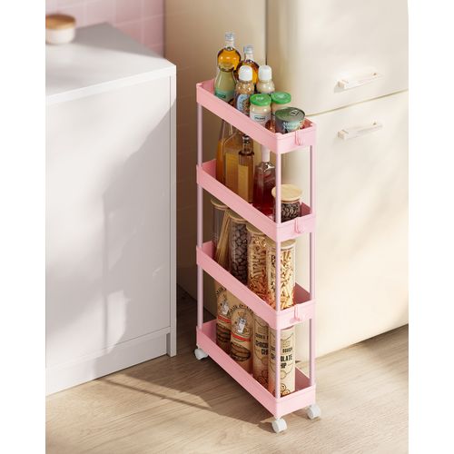 Chariot De Cuisine à 4 Niveaux, Avec 6 Crochets, Structure En Acier, 14,4 X 42 X 86 Cm, Rose Bonbon