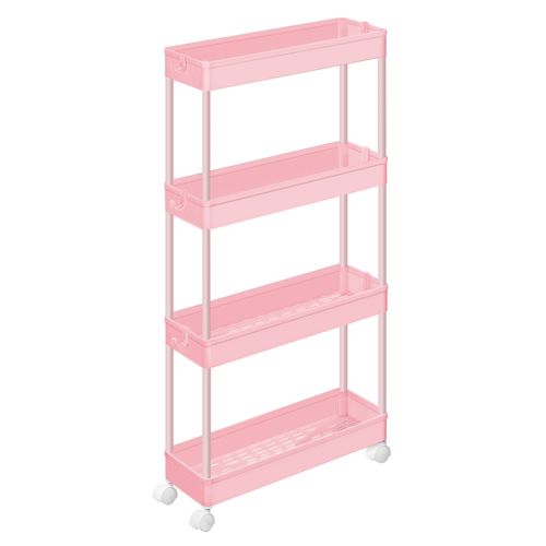 Chariot De Cuisine à 4 Niveaux, Avec 6 Crochets, Structure En Acier, 14,4 X 42 X 86 Cm, Rose Bonbon