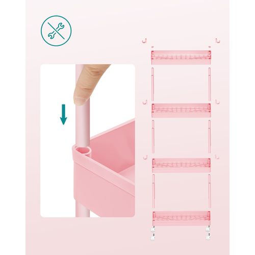 Chariot De Cuisine à 4 Niveaux, Avec 6 Crochets, Structure En Acier, 14,4 X 42 X 86 Cm, Rose Bonbon