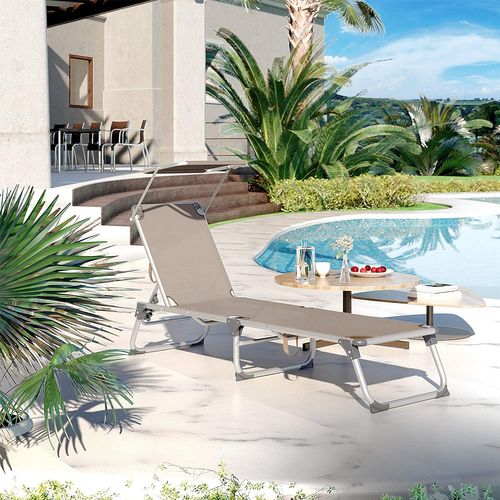 Chaise Longue, Avec Dossiers Et Parasol Inclinables, Charge 150 Kg, Pour Jardin, Couleur Taupe