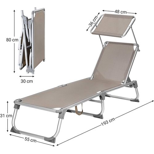 Chaise Longue, Avec Dossiers Et Parasol Inclinables, Charge 150 Kg, Pour Jardin, Couleur Taupe