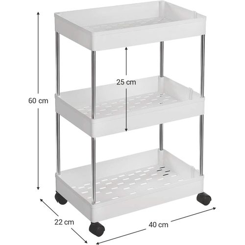 Desserte à Roulettes, Chariot De Rangement, Étagère Roulante, 3 Niveaux, Gain De Place, Blanc