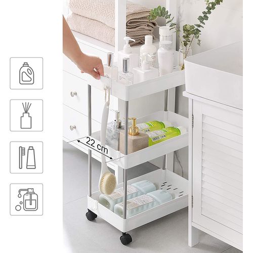 Desserte à Roulettes, Chariot De Rangement, Étagère Roulante, 3 Niveaux, Gain De Place, Blanc