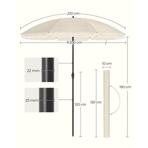Parasol De Jardin Ø 2 M, Ombrelle, Protection Upf 50+, Inclinable, Portable, Résistant Au Vent