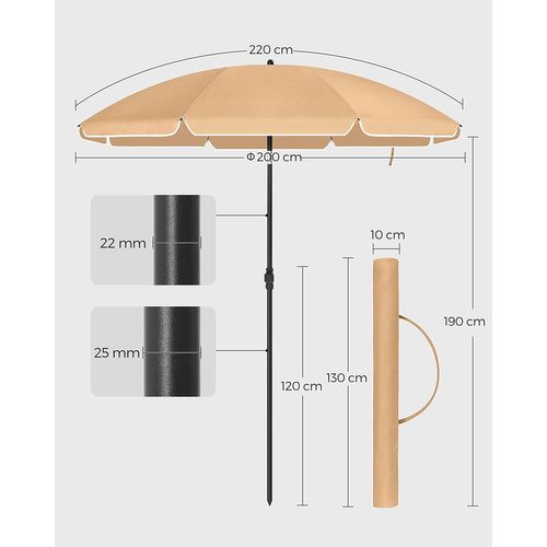 Parasol De Jardin Ø 2 M, Ombrelle, Protection Upf 50+, Inclinable, Portable, Résistant Au Vent
