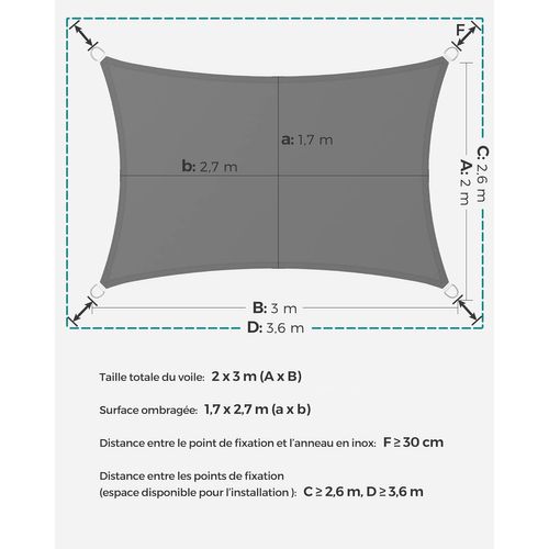 Voile D'ombrage 2 X 3 M, Cordes De 2 M, Gris Anthracite