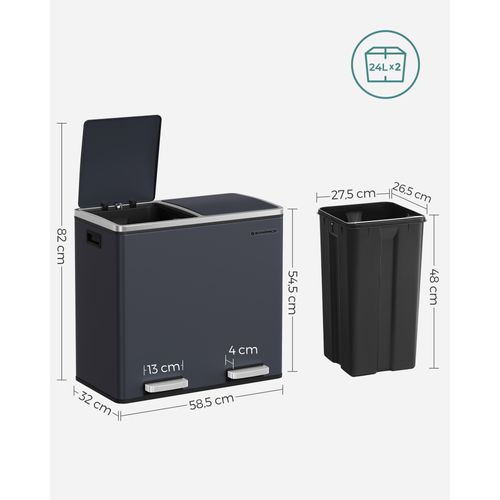 Poubelle Double Seau, 2 X 24l, 2 Compartiments, Mécanisme Tampon, Pédales, Couvercle, Acier