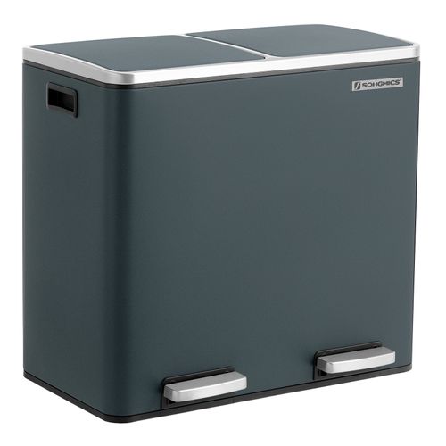 Poubelle Double Seau, 2 X 24l, 2 Compartiments, Mécanisme Tampon, Pédales, Couvercle, Acier