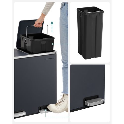 Poubelle Double Seau, 2 X 24l, 2 Compartiments, Mécanisme Tampon, Pédales, Couvercle, Acier