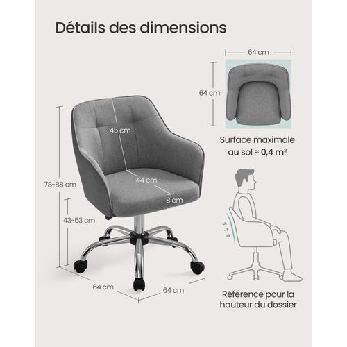 Fauteuil De Bureau, Réglable En Hauteur, Tissu Imitation Lin, Pour Bureau, Gris