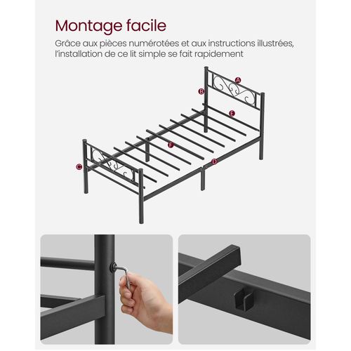 Lit 90 X 190 Cm, Cadre De Lit En Métal, Pour Adultes, Enfants, Pas Besoin De Sommier