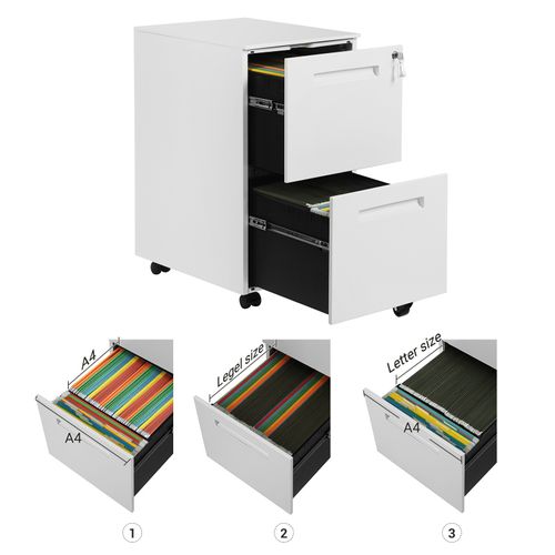Caisson De Bureau Metal, Avec 2 Tiroirs, Avec Roulettes, 39 X 45 X 69,5 Cm (l X L X H), Blanc