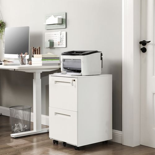 Caisson De Bureau Metal, Avec 2 Tiroirs, Avec Roulettes, 39 X 45 X 69,5 Cm (l X L X H), Blanc