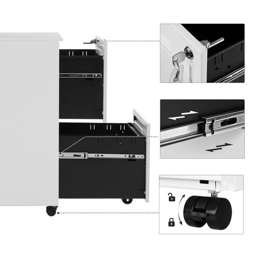 Caisson De Bureau Metal, Avec 2 Tiroirs, Avec Roulettes, 39 X 45 X 69,5 Cm (l X L X H), Blanc