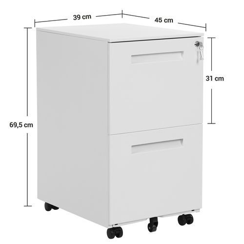 Caisson De Bureau Metal, Avec 2 Tiroirs, Avec Roulettes, 39 X 45 X 69,5 Cm (l X L X H), Blanc