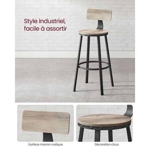 Tabouret Bar Industriel, Lot de 4, avec Dossier, Cadre en Acier, Siège 73 cm de Haut, Grège et Noir