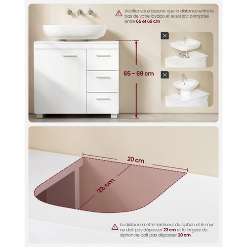 Meuble Sous Lavabo, 1 Porte et 3 Tiroirs, 30 X 70 X 64 Cm, Avec Pieds, Blanc Nuage