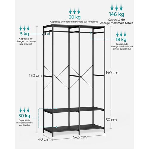 Armoire Vêtements Portable, Pliable, Avec Tringle, Crochet Amovible, 40 X 94,5 X 180 Cm, Noir Boisé