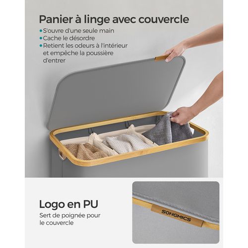 Panier à Linge Avec Couvercle à 3 Compartiments, 150l, 60 X 38,5 X 70,5 Cm, Gris Tourterelle