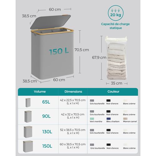Panier à Linge Avec Couvercle à 3 Compartiments, 150l, 60 X 38,5 X 70,5 Cm, Gris Tourterelle