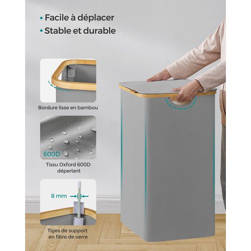 Panier à Linge Avec Couvercle à 3 Compartiments, 150l, 60 X 38,5 X 70,5 Cm, Gris Tourterelle