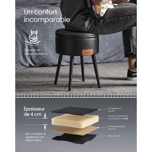 Pouf De Rangement, Tabouret De Coiffeuse, Pu Avec Coutures, Capacité 150 Kg, Noir D'encre