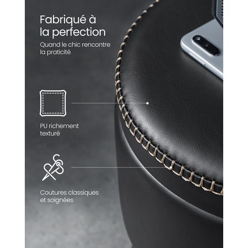 Pouf De Rangement, Tabouret De Coiffeuse, Pu Avec Coutures, Capacité 150 Kg, Noir D'encre