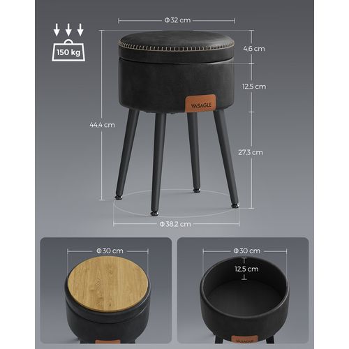 Pouf De Rangement, Tabouret De Coiffeuse, Pu Avec Coutures, Capacité 150 Kg, Noir D'encre