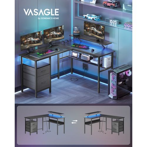 Bureau En L Avec Multiprise, Bureau Informatique Avec Rehausseur D’écran, Bureau Gaming LED, Noir