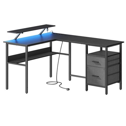 Bureau En L Avec Multiprise, Bureau Informatique Avec Rehausseur D’écran, Bureau Gaming LED, Noir
