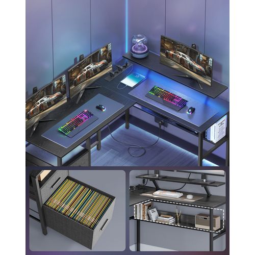 Bureau En L Avec Multiprise, Bureau Informatique Avec Rehausseur D’écran, Bureau Gaming LED, Noir