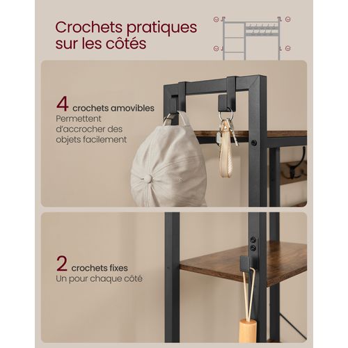 Vestiaire, 9 Patères Et 6 Crochets Latéraux, 40 X 120 X 190 Cm, Marron Rustique Et Noir D’encre