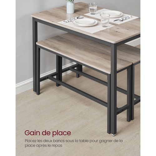 Table à Manger Avec 2 Bancs, Cadre En Acier, Grège Chiné Et Noir D'encre