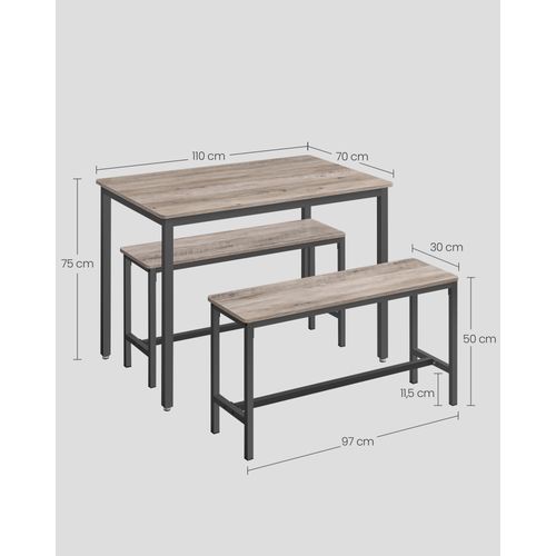 Table à Manger Avec 2 Bancs, Cadre En Acier, Grège Chiné Et Noir D'encre