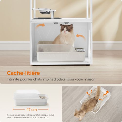 Arbre à Chat, Avec Cache-litière, Gamelles Surélevées, Poteau à Griffer En Sisal, Blanc Nuage