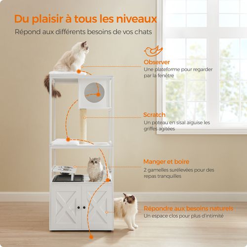 Arbre à Chat, Avec Cache-litière, Gamelles Surélevées, Poteau à Griffer En Sisal, Blanc Nuage
