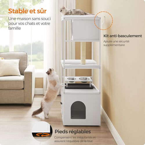Arbre à Chat, Avec Cache-litière, Gamelles Surélevées, Poteau à Griffer En Sisal, Blanc Nuage