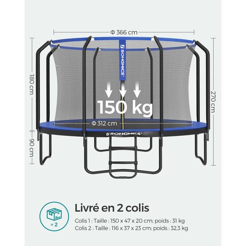 Trampoline Tüv Rheinland Gs Certifica, Trampoline De Jardin Rond,diamètre 366cm, Bleu Foncé